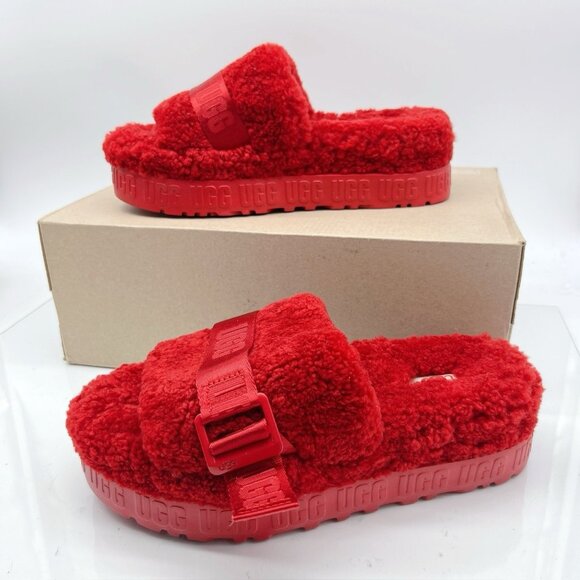 Ugg Fluffita Platform Sheepskin Slides Slippers Ribbon Red Womens US 8 - NEW - Picture 4 of 10